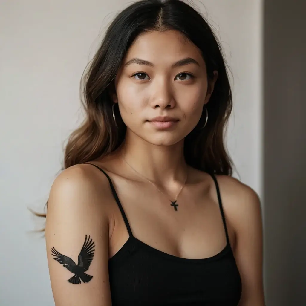 A black silhouette tattoo of a bird in mid-flight on an upper arm, wings outstretched and detailed with bold lines.