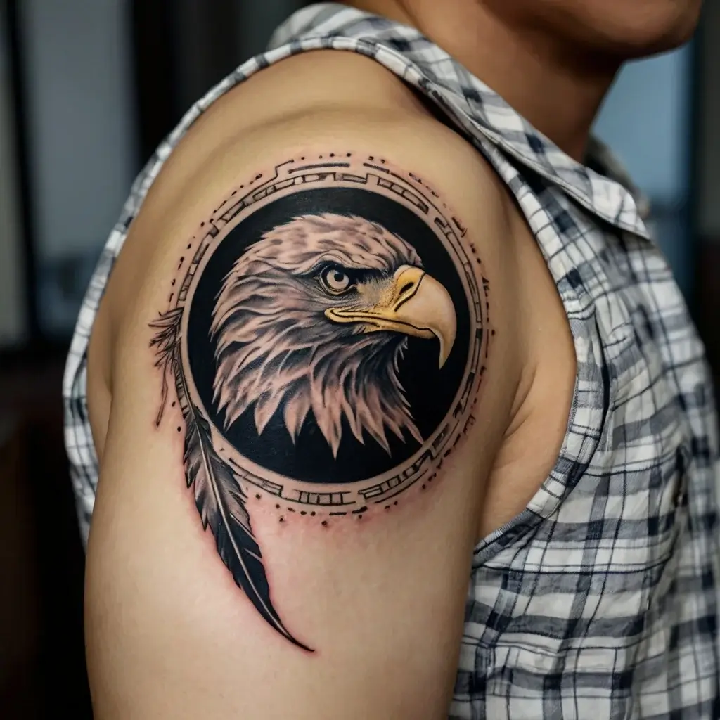 Tattoo of a detailed eagle head inside a circular frame with tribal accents, complemented by a feather design below.