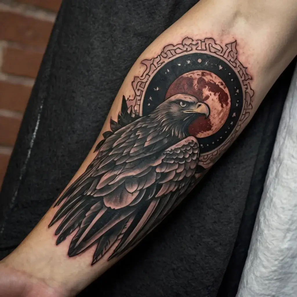 Eagle perched against a red moon background surrounded by decorative elements, symbolizing strength and freedom.