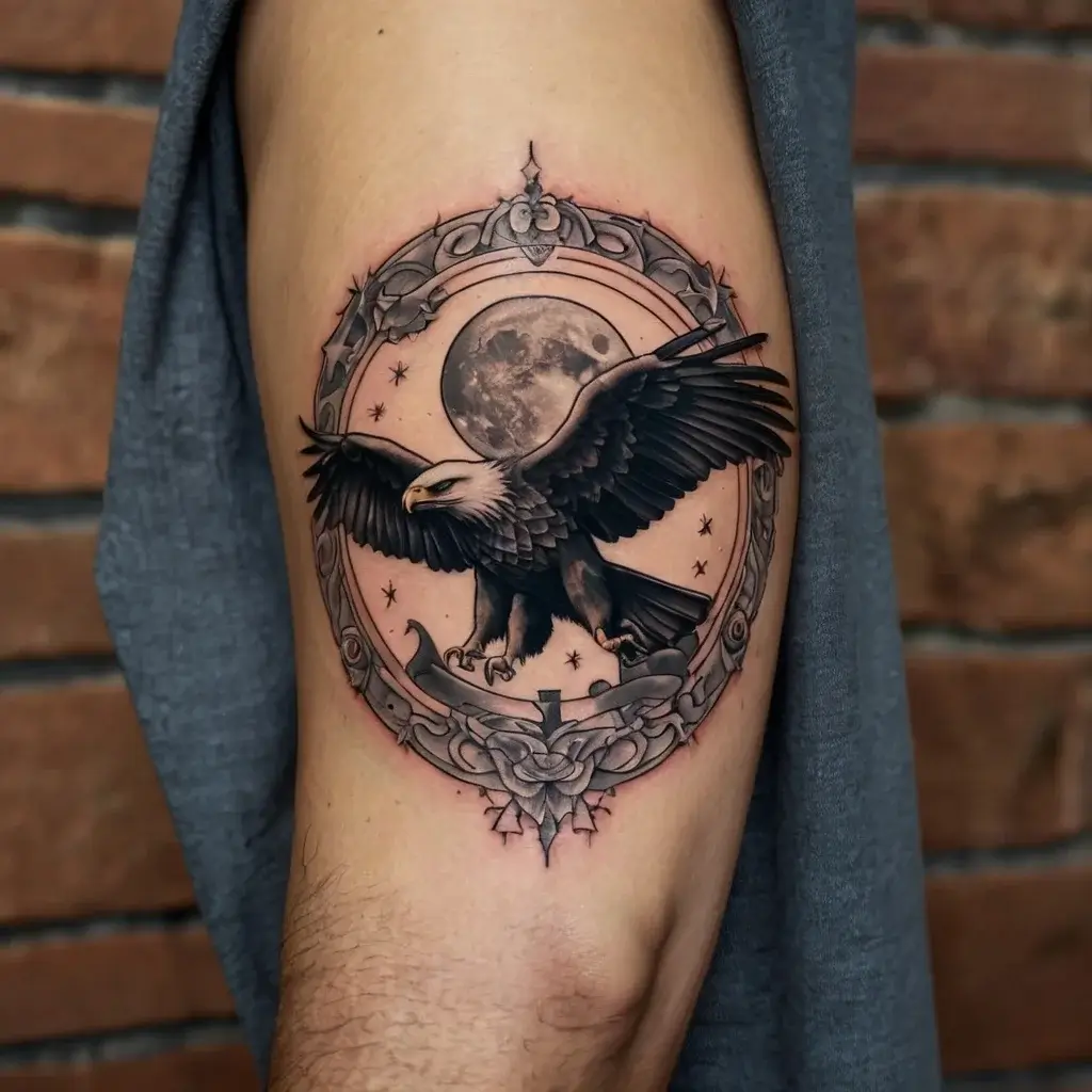 Tattoo of an eagle in flight within an ornate circular frame, set against a full moon with stars on the arm.