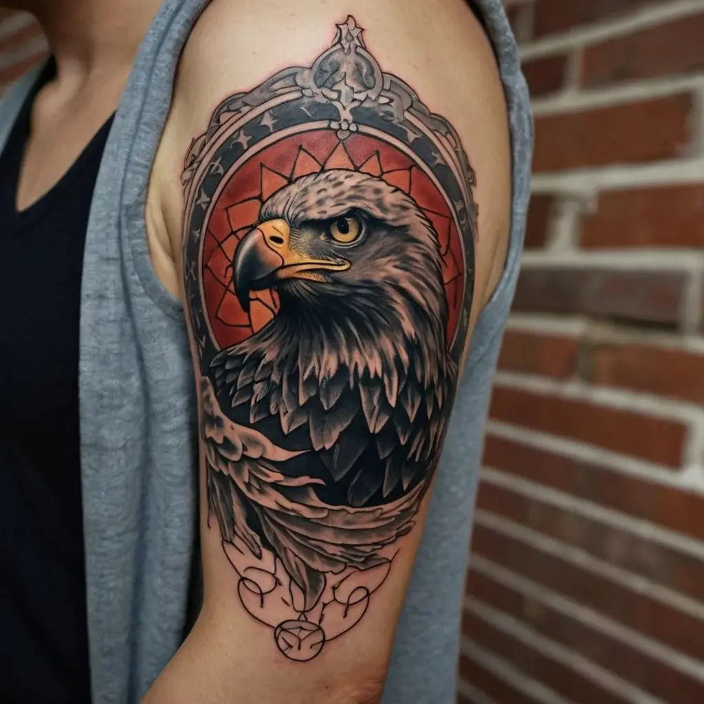 Detailed eagle tattoo framed by gothic arches, set against a red background with intricate geometric patterns.