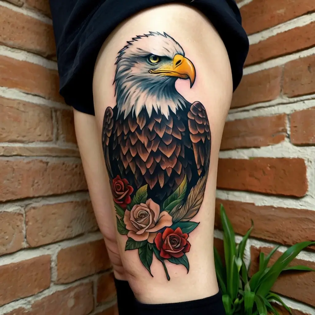 Tattoo of a realistic eagle perched on roses, with vibrant colors and intricate feather detailing on the thigh.