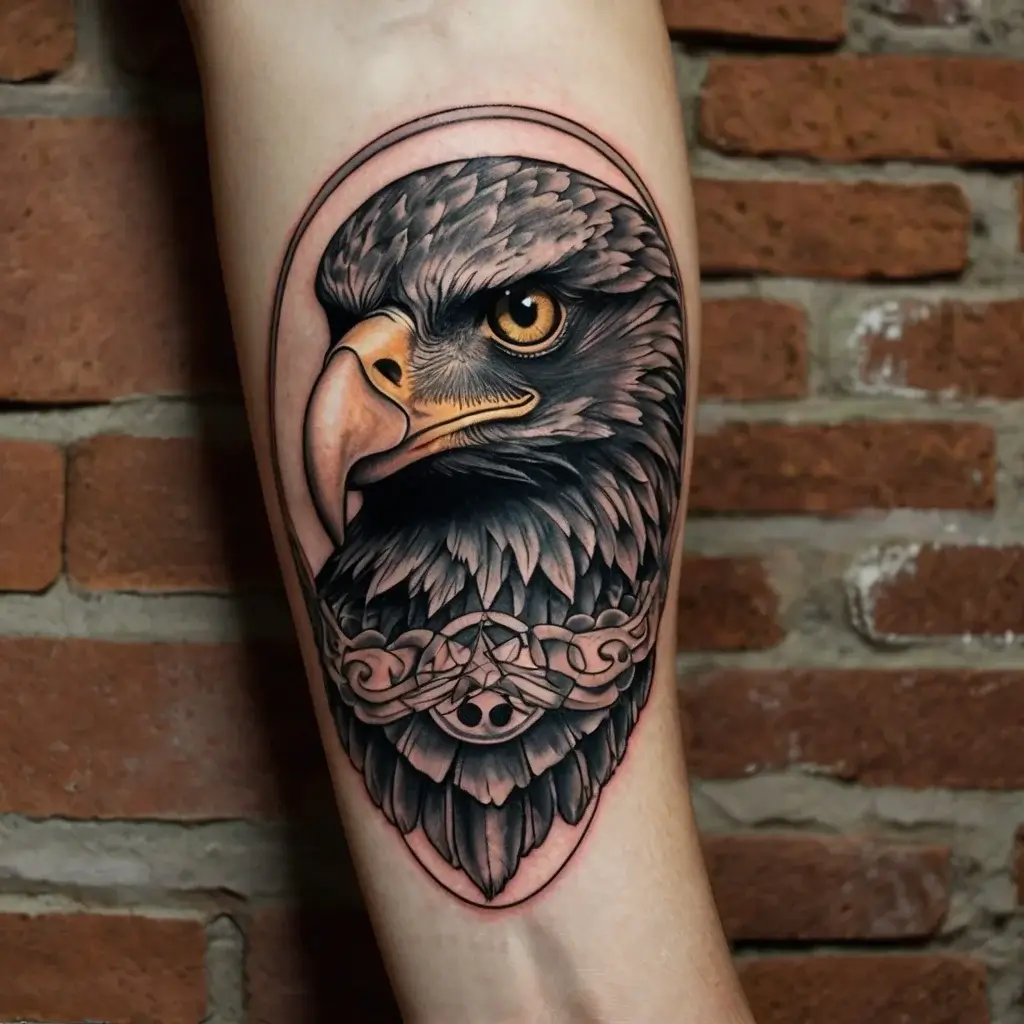 Realistic eagle head tattoo, intricate feathers, piercing eye, with ornate Celtic knot below, set against brick background.