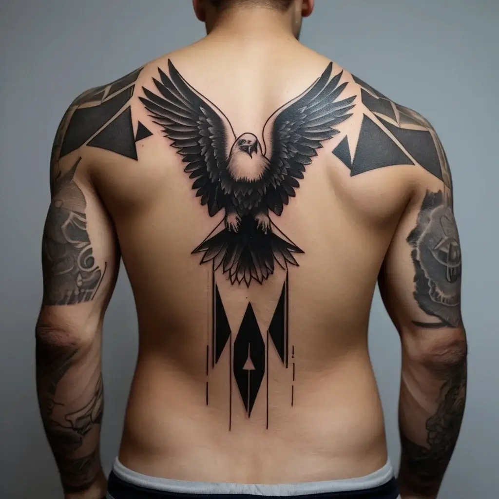 Back tattoo featuring a stylized eagle with outspread wings, geometric shapes, and black ink detailing. Bold and dynamic.