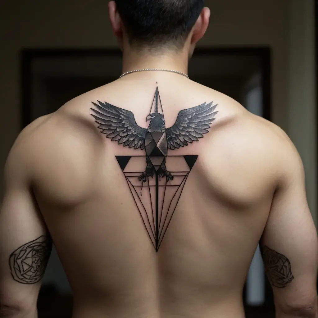 Geometric eagle tattoo on the back, featuring an abstract triangular design with outspread wings and intricate lines.