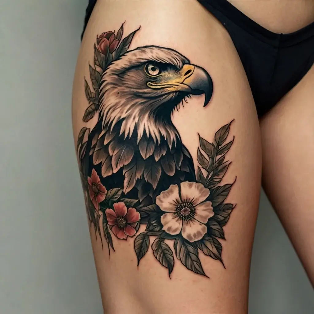 Tattoo of a bald eagle surrounded by detailed, colorful flowers and leaves on a person's thigh, symbolizing strength.