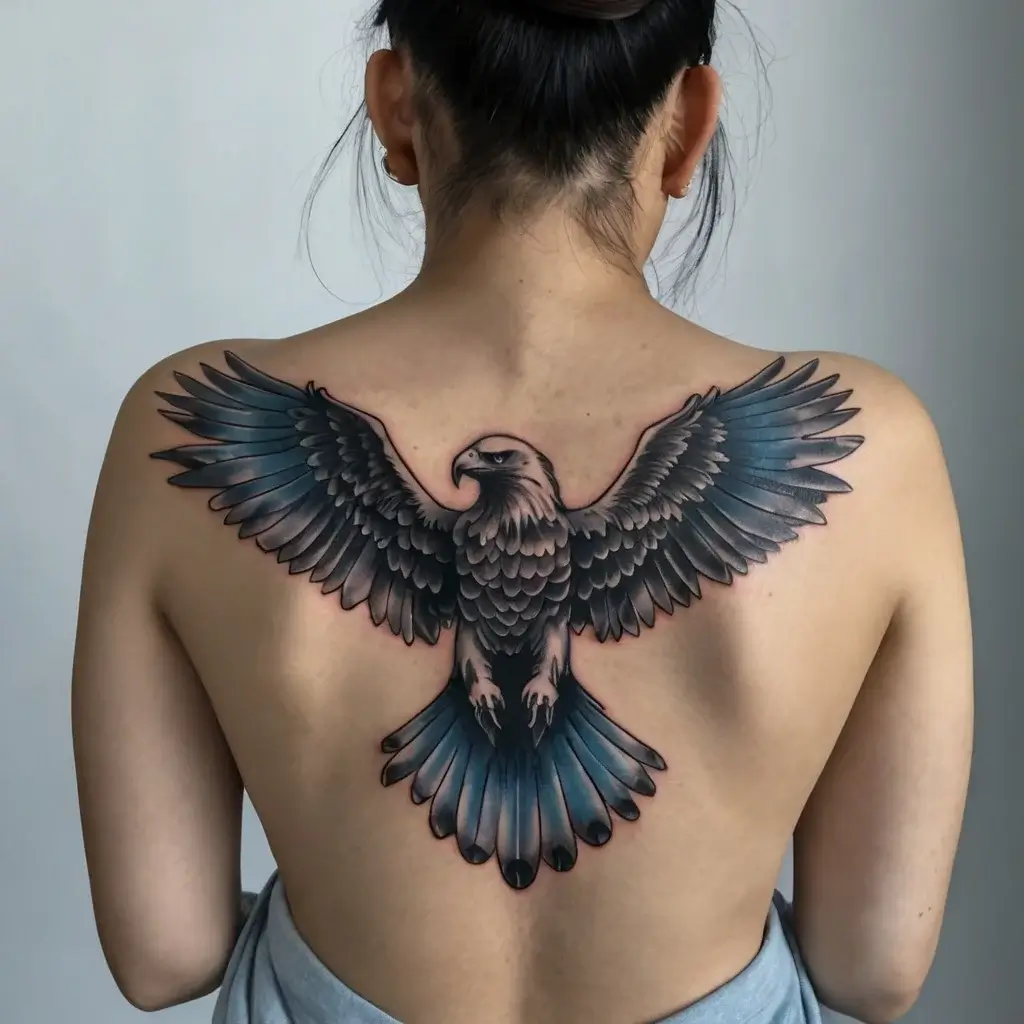 Tattoo of a detailed eagle in flight across the upper back, with spread wings, showcasing intricate shading and depth.