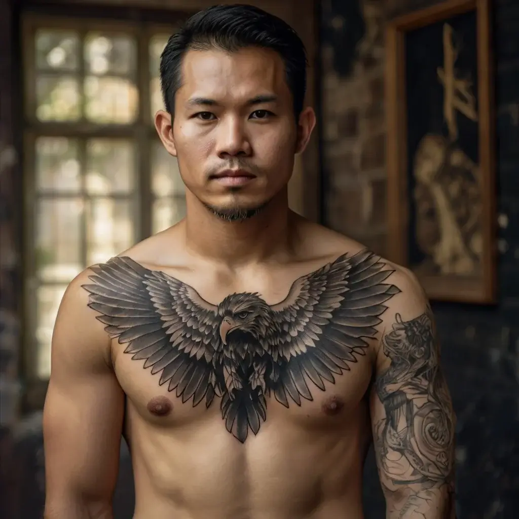 Chest tattoo of a detailed eagle with outstretched wings, showcasing intricate feather designs in black and gray.