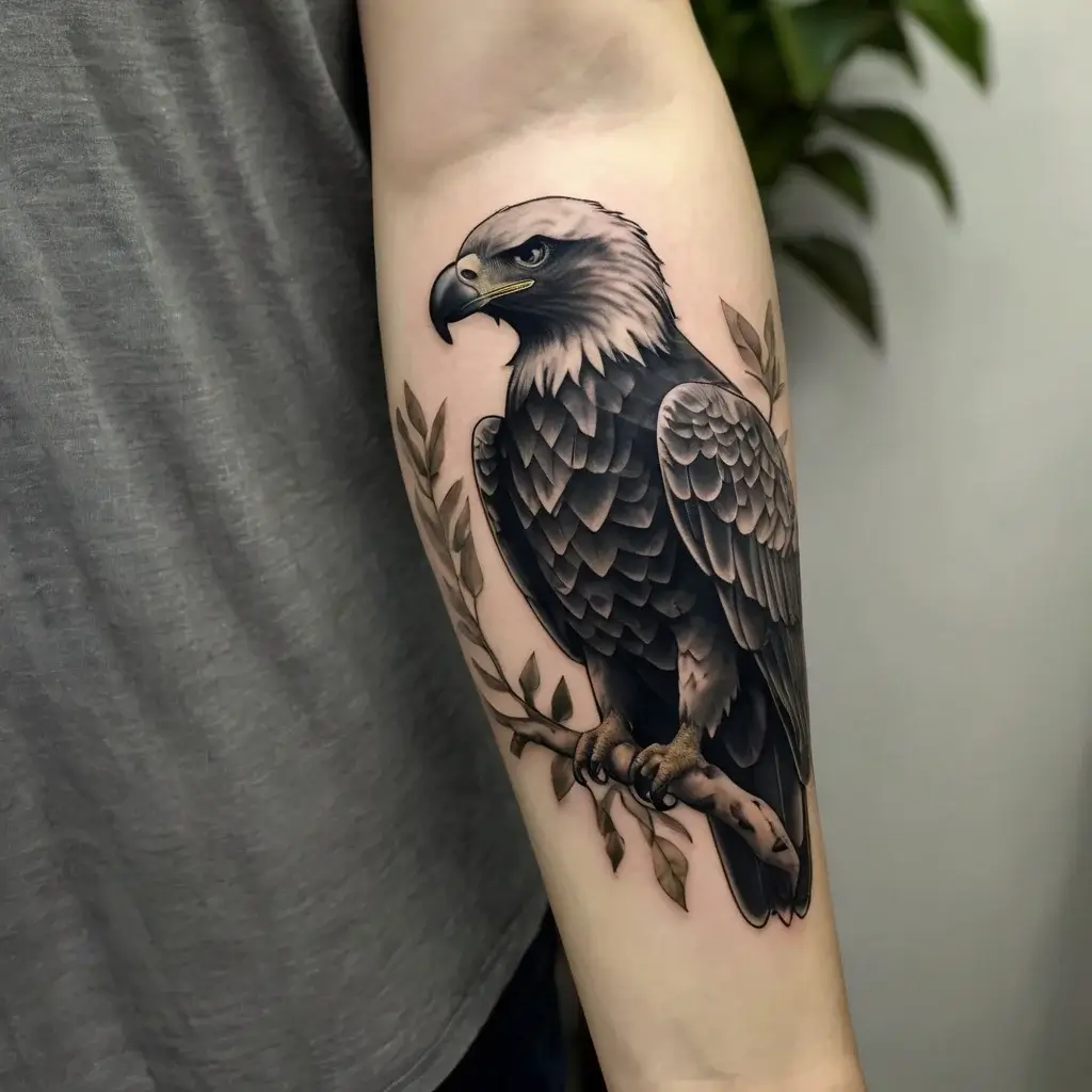 Realistic eagle tattoo perched on a branch, showcasing detailed feathers and leaves, symbolizing strength and freedom.