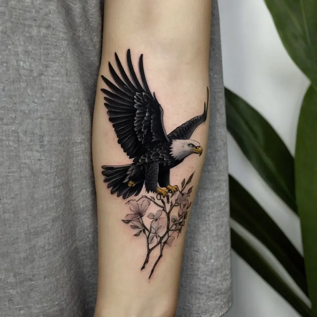 Tattoo of a detailed eagle in flight, talons gripping a branch, symbolizing freedom and strength, on the forearm.