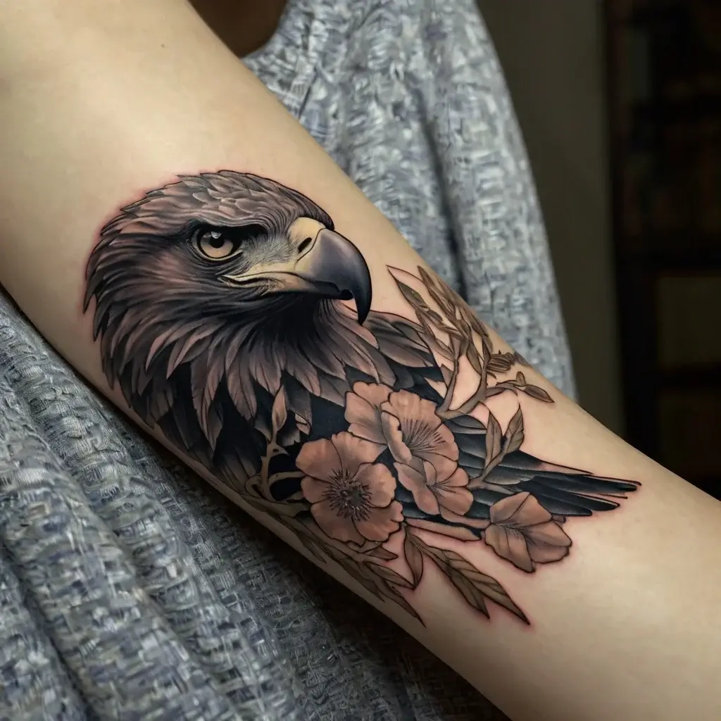 Tattoo of a realistic eagle with fierce eyes surrounded by detailed flowers and leaves on the arm.