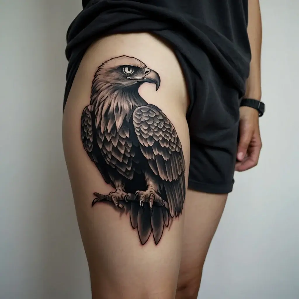 Tattoo of a detailed eagle perched on a branch, with intricate shading and realistic feather patterns on the thigh.