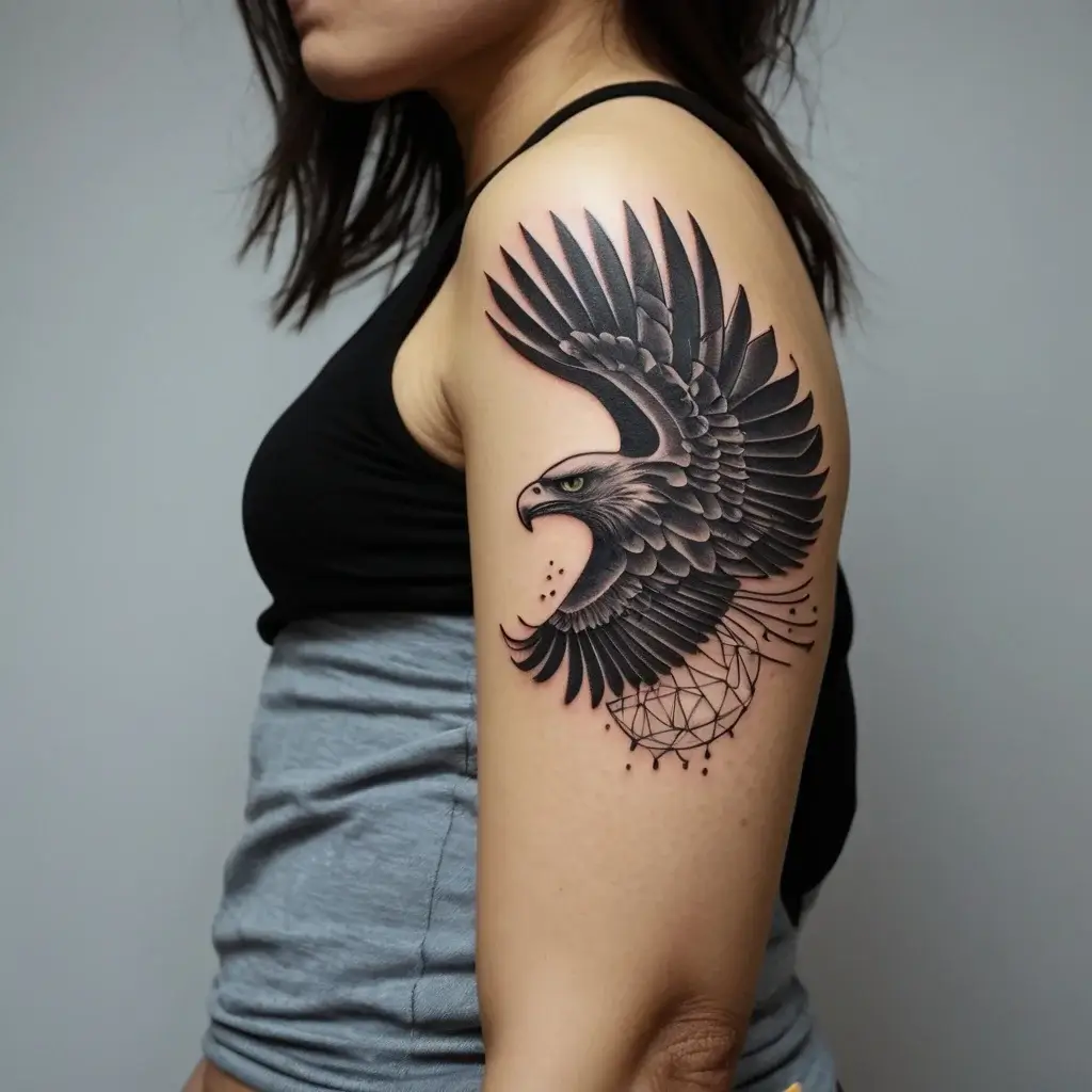 Tattoo of a majestic, soaring black and gray eagle with detailed feathers and a geometric pattern on the arm.