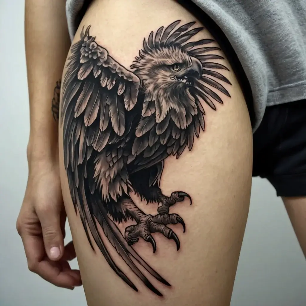 Realistic eagle tattoo on thigh, showcasing detailed feathers and outstretched wings in black and gray shading.