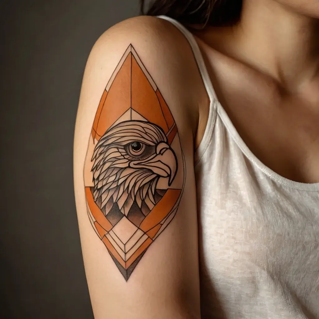 Geometric eagle tattoo with bold orange accents, featuring sharp lines and intricate feather details on the upper arm.