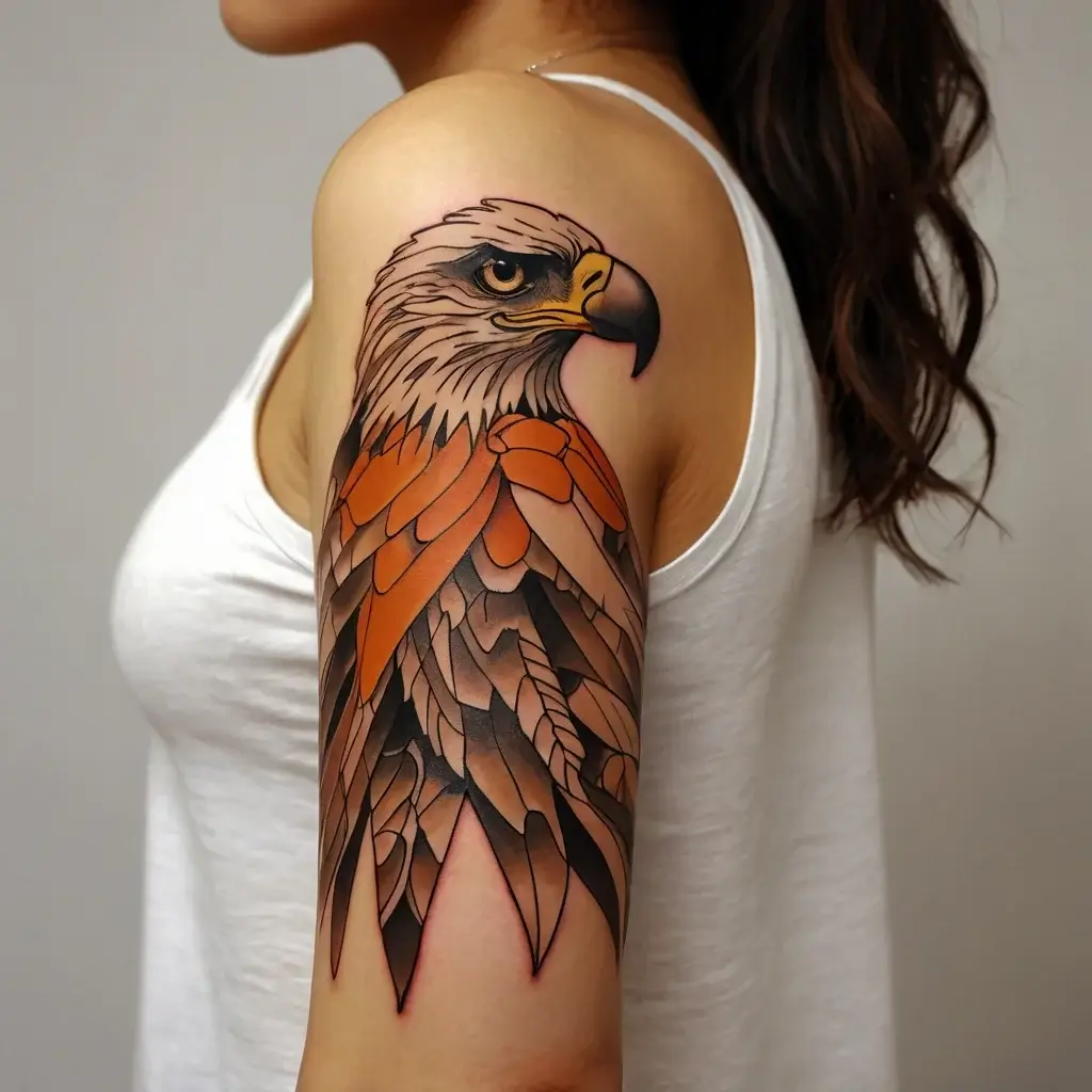 Stylized eagle tattoo on upper arm, featuring vibrant orange and brown feathers with detailed shading and bold outlines.