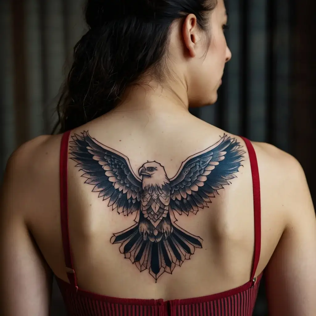 Tattoo of a stylized eagle in flight, wings spread across the upper back, detailed feathers and bold outlines.