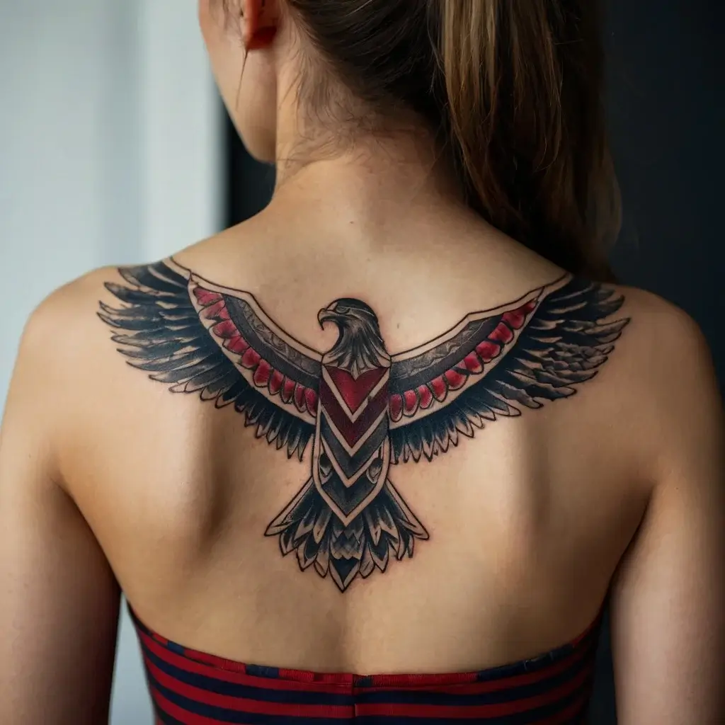 Geometric eagle tattoo across upper back, featuring bold black outlines and red accents, symbolizing strength and freedom.