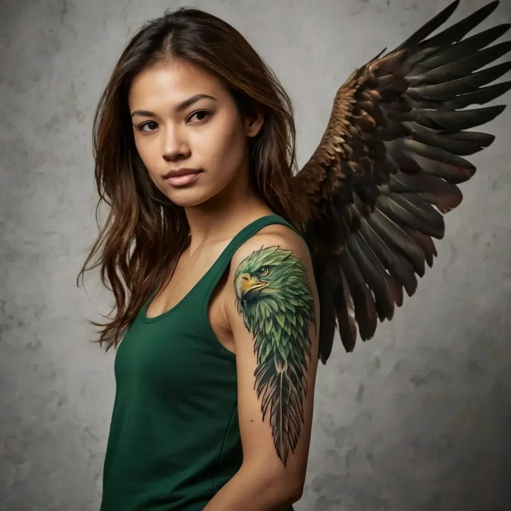 A realistic green eagle tattoo on the woman's upper arm, detailed with vibrant feathers and a piercing eye.