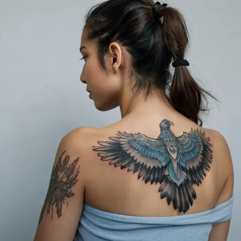 Tattoo of a stylized eagle with blue-gray wings spread wide across the upper back, symbolizing freedom and strength.