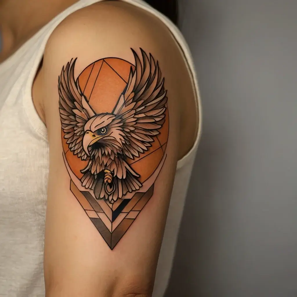 Tattoo of an eagle in flight with geometric shapes, featuring intricate shading on the upper arm against an orange backdrop.