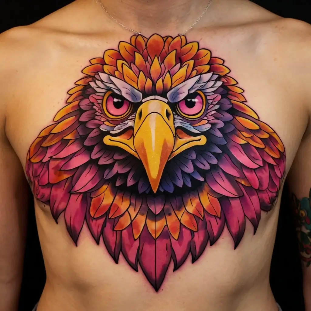 Vibrant chest tattoo of a fierce eagle with colorful feathers, intense pink eyes, and a striking yellow beak.