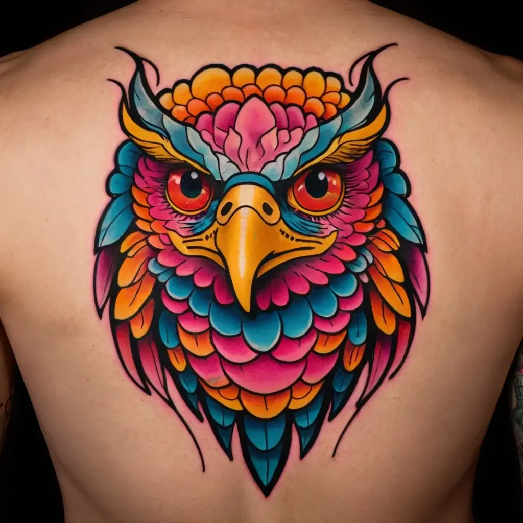 Colorful owl tattoo with vibrant pink, blue, and orange feathers, featuring detailed eyes and a bold yellow beak.