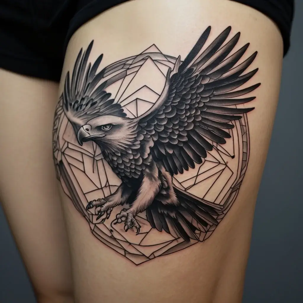 Tattoo of a detailed soaring eagle with outstretched wings, set against geometric shapes on the thigh.