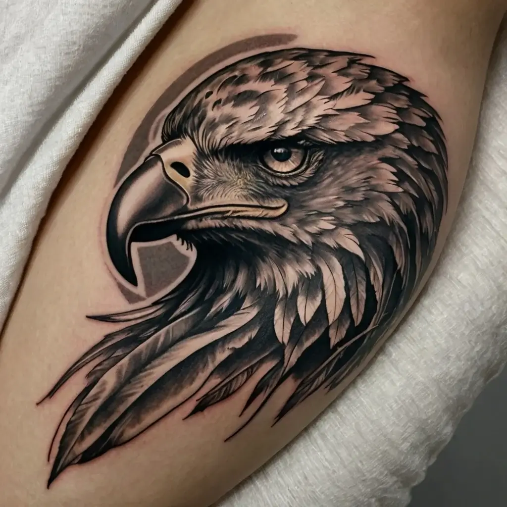 A detailed black and gray tattoo of an eagle's head, showcasing realistic feathers and fierce expression.