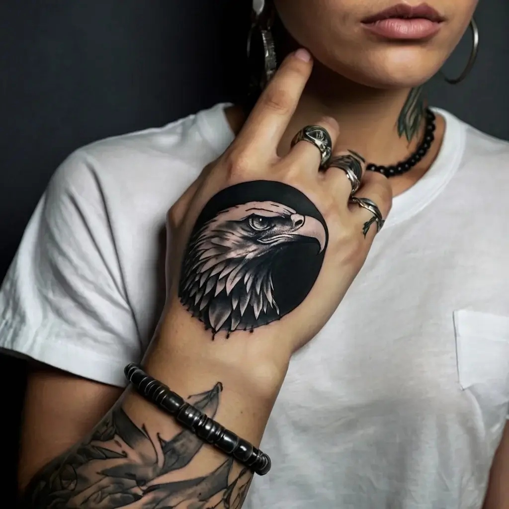 Black and gray tattoo of an eagle's head inside a circle on the hand, featuring detailed feathers and intense gaze.