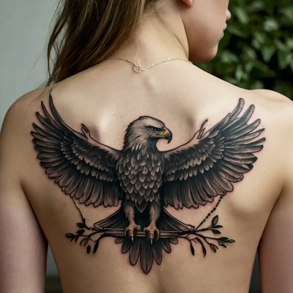 Realistic eagle tattoo across back, wings spread, perched on a branch with detailed feathers and subtle shading.