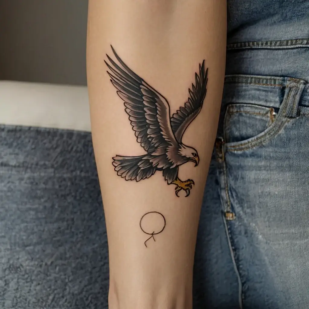 A dynamic eagle tattoo on arm, with detailed wings spread wide and sharp talons, symbolizing freedom and strength.