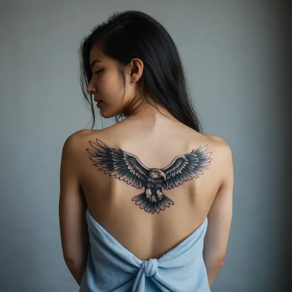 A detailed black and grey eagle tattoo with spread wings spans the upper back, symbolizing freedom and strength.