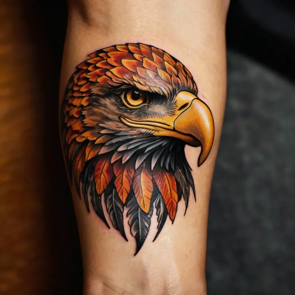 Colorful eagle head tattoo with vivid orange, brown feathers, and intense gaze, symbolizing power and freedom.