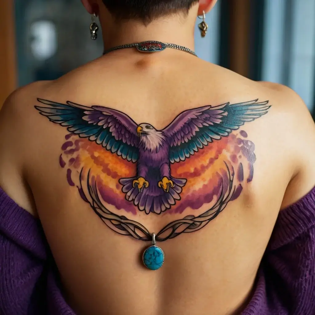 Vibrant eagle tattoo with purple wings, soaring over an orange and purple sunset backdrop on the back.