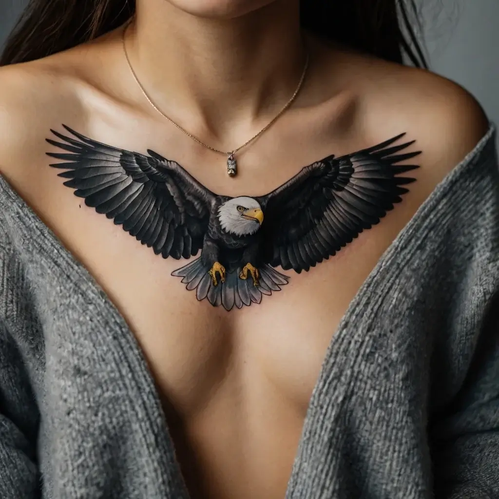 Realistic bald eagle tattoo with outstretched wings on the chest, showcasing detailed feathers and a fierce expression.