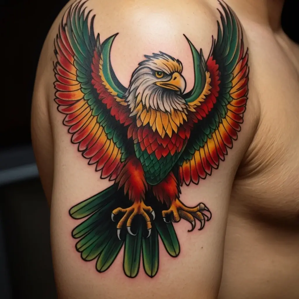 Colorful eagle tattoo on upper arm, wings spread wide, with vibrant orange, red, green feathers, and a piercing gaze.