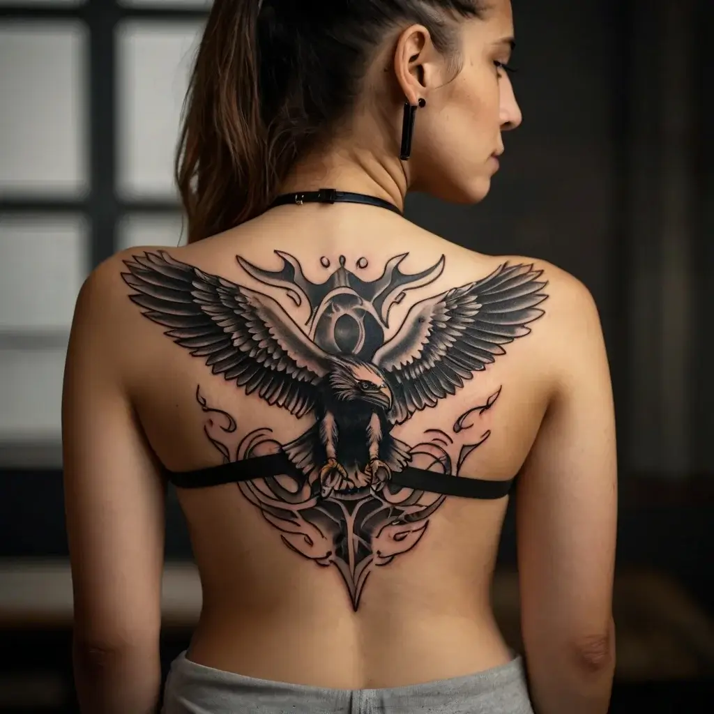 A majestic eagle with outstretched wings, surrounded by abstract tribal patterns, spans across the upper back.