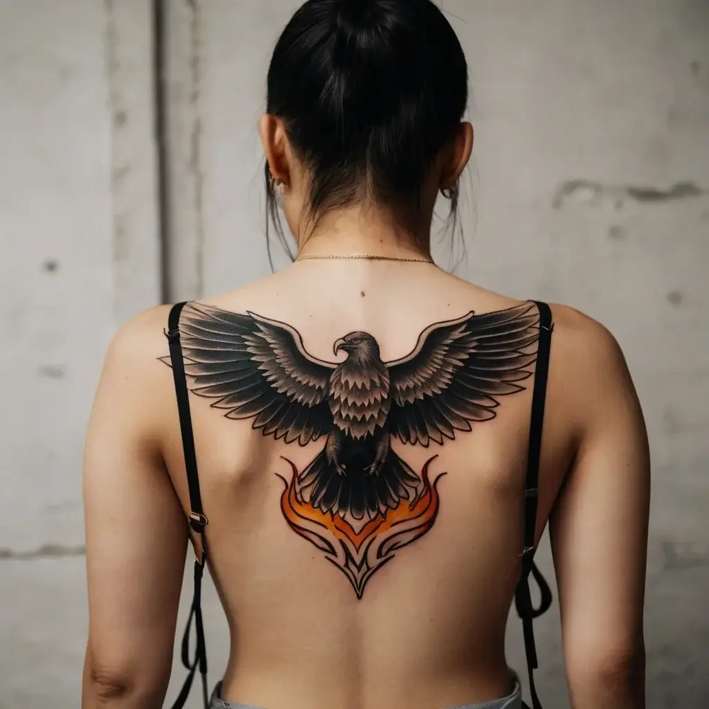 Tattoo of an eagle in flight across the upper back, with wings outstretched, emerging from stylized orange flames.