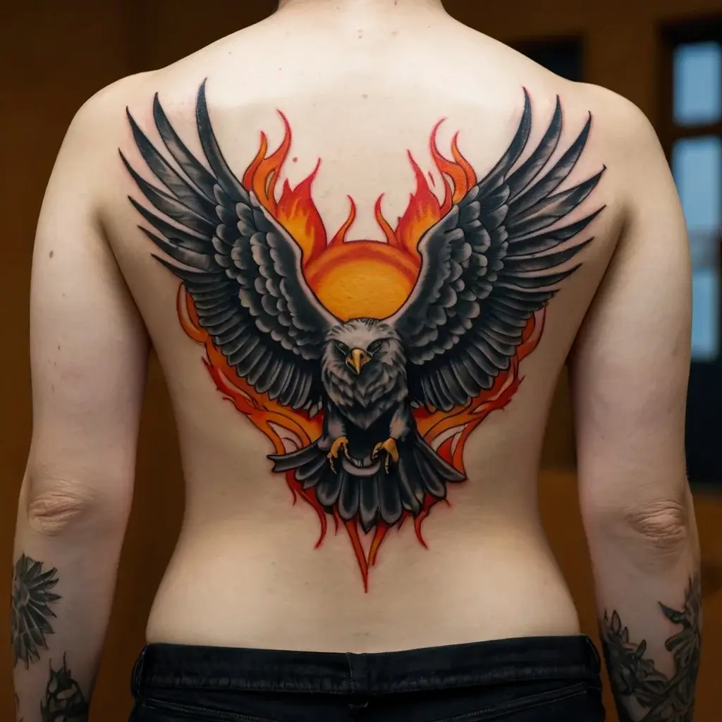 A fierce black eagle spreads its wings over flames and a sunset on the back, symbolizing strength and rebirth.