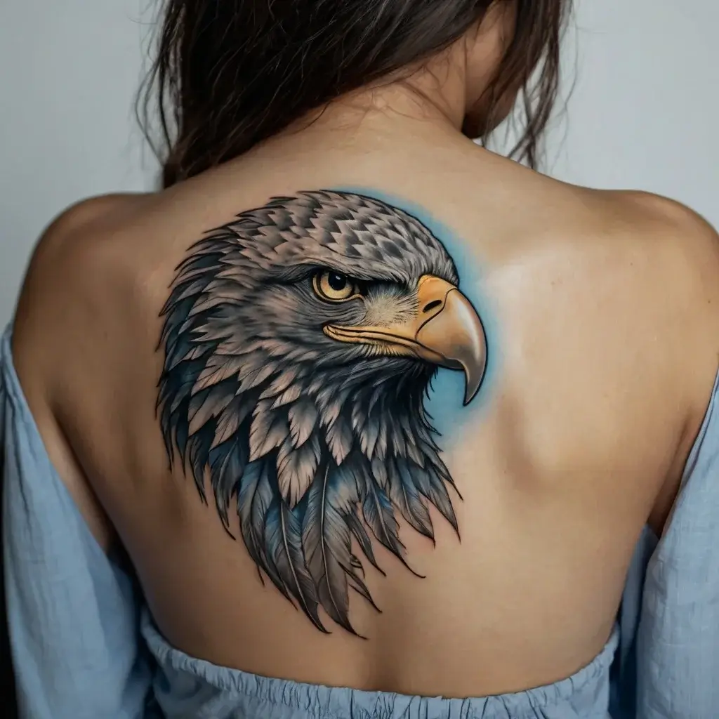 Tattoo of a realistic eagle head on upper back, detailed feathers, piercing eyes, and subtle blue background shading.