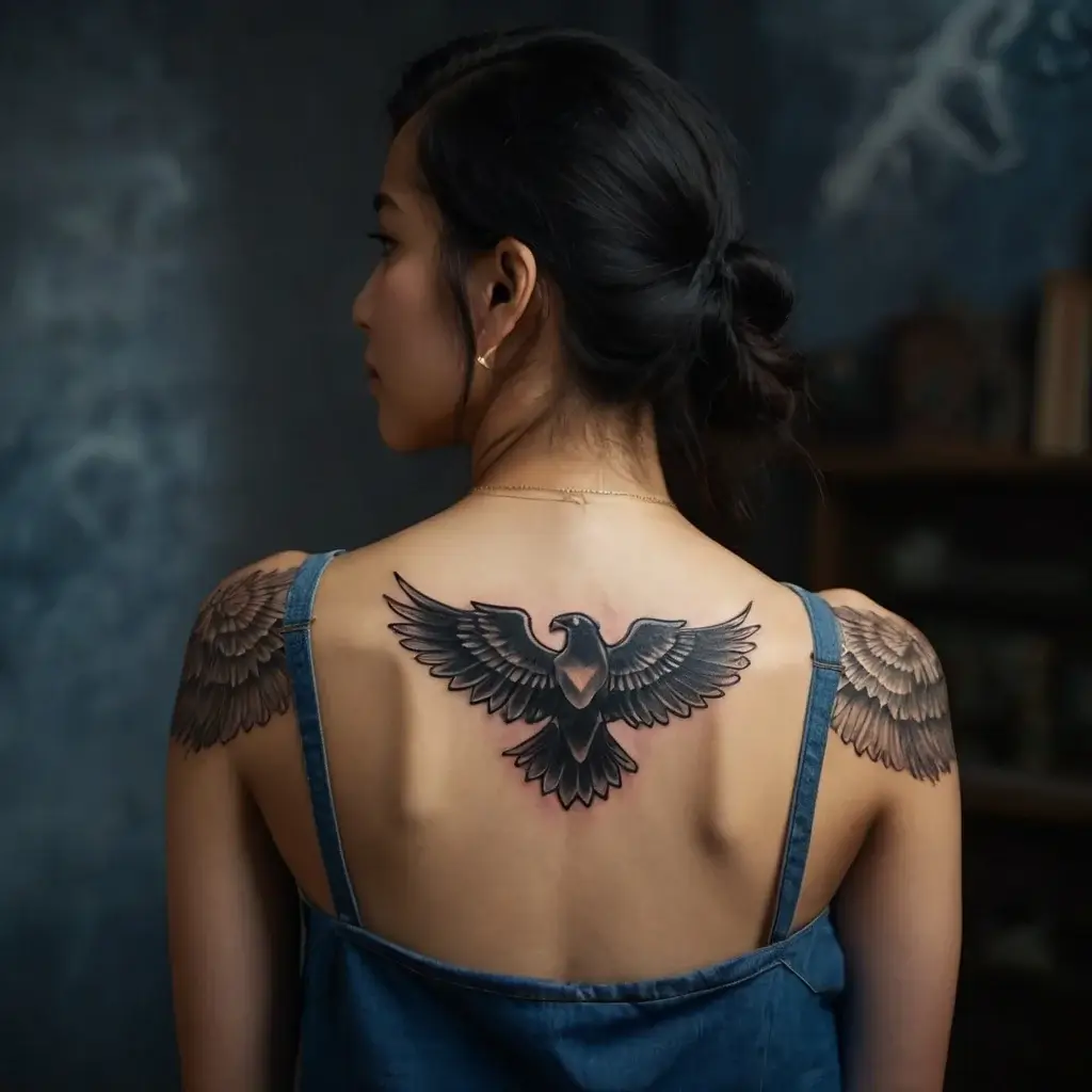 Tattoo of an intricately detailed black eagle with outspread wings, centered on the upper back, extending to both shoulders.