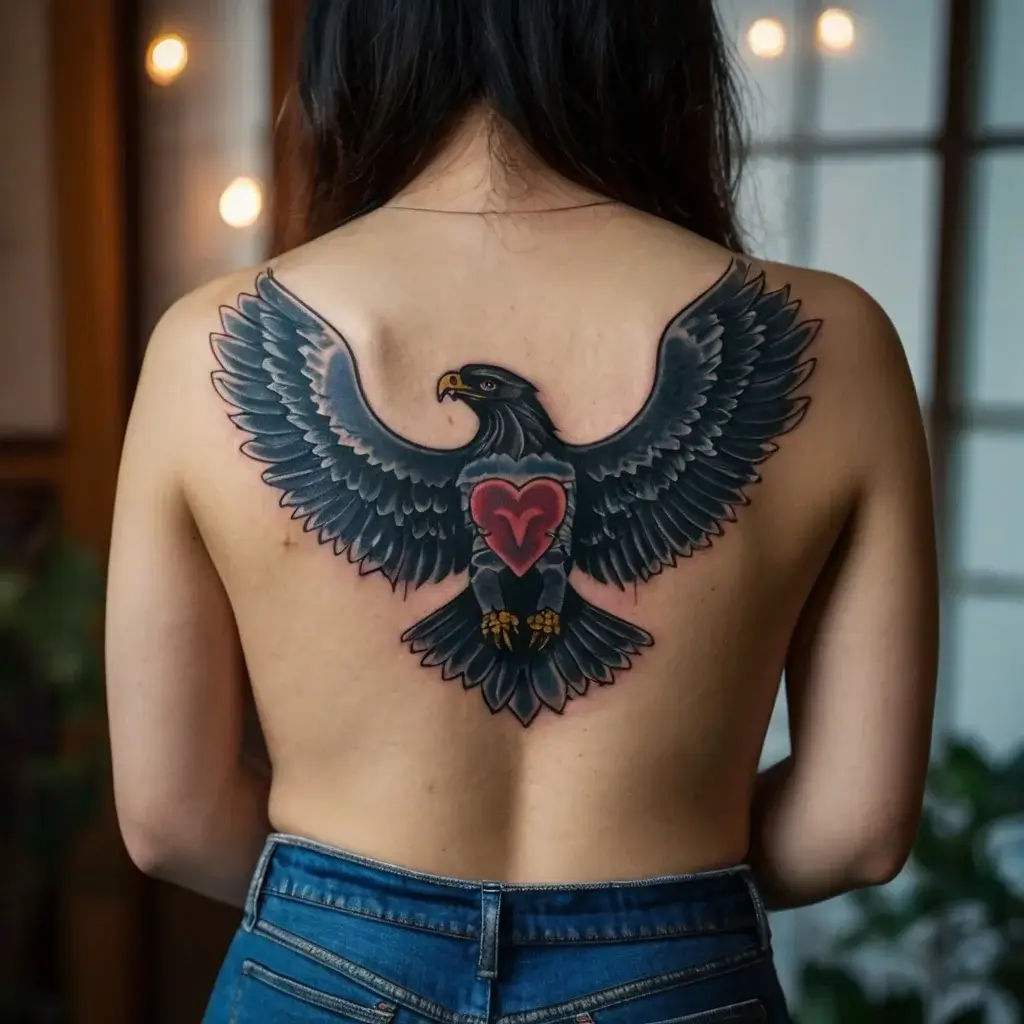 Back tattoo of a black eagle with outstretched wings, featuring a red heart on its chest.