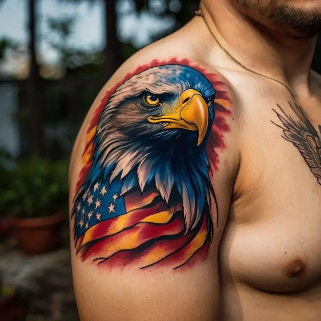 Tattoo of a bald eagle on shoulder with vivid colors, detailed feathers merging into an American flag design.