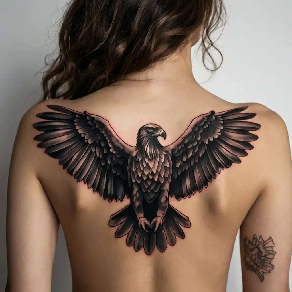 Realistic eagle tattoo on upper back, wings spread wide. Detailed feathers in shades of black and gray.