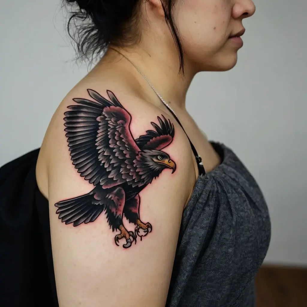 Detailed eagle tattoo in flight on the upper arm; bold lines with shading, highlighting feathers and talons for a fierce look.