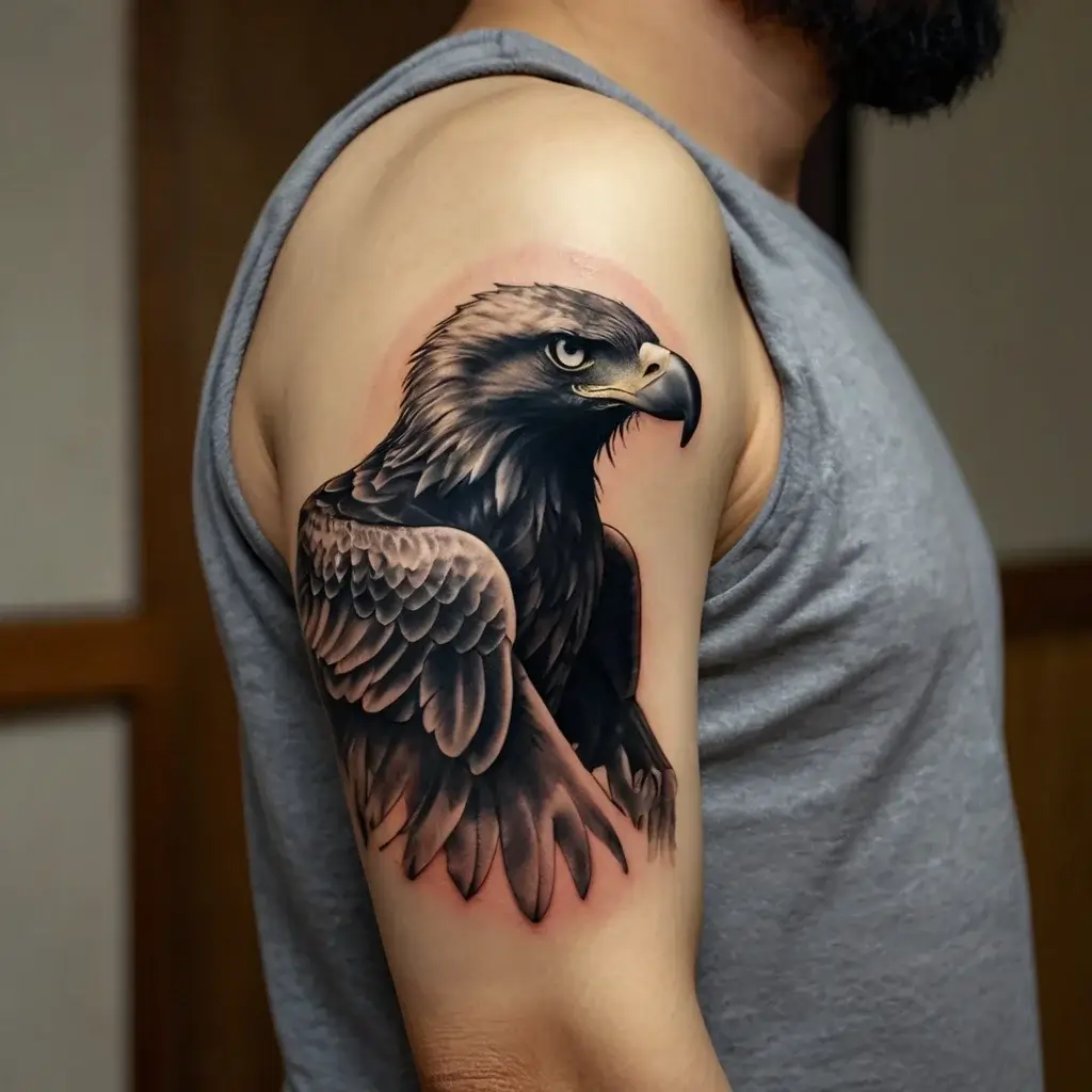 Detailed eagle tattoo on upper arm, showcasing intricate feathers and intense gaze, symbolizing strength and freedom.