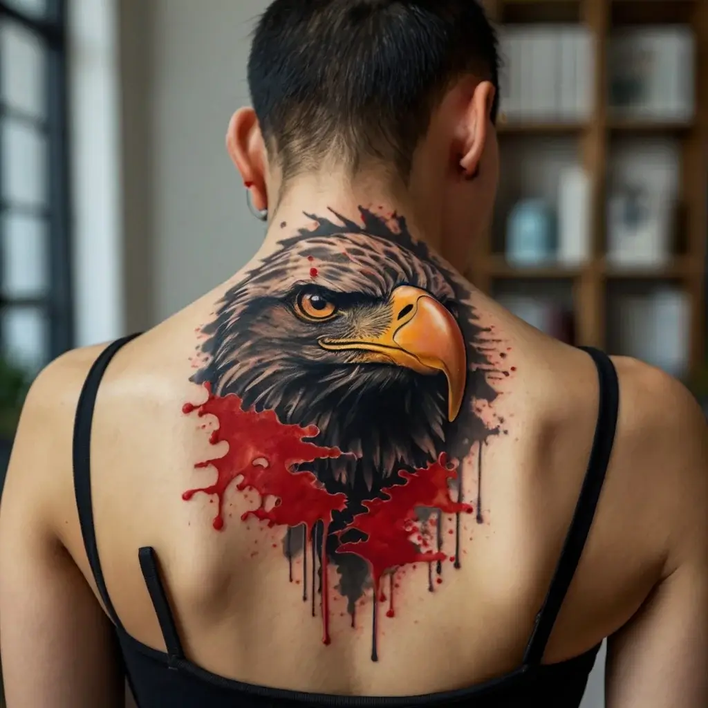 Tattoo of a realistic eagle head with piercing eyes, detailed feathers, and red splatter effect on the upper back.