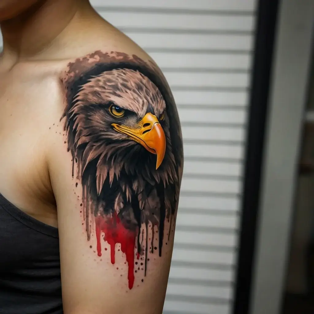 Realistic eagle shoulder tattoo with striking yellow beak and eye, red watercolor drips enhancing its fierce presence.