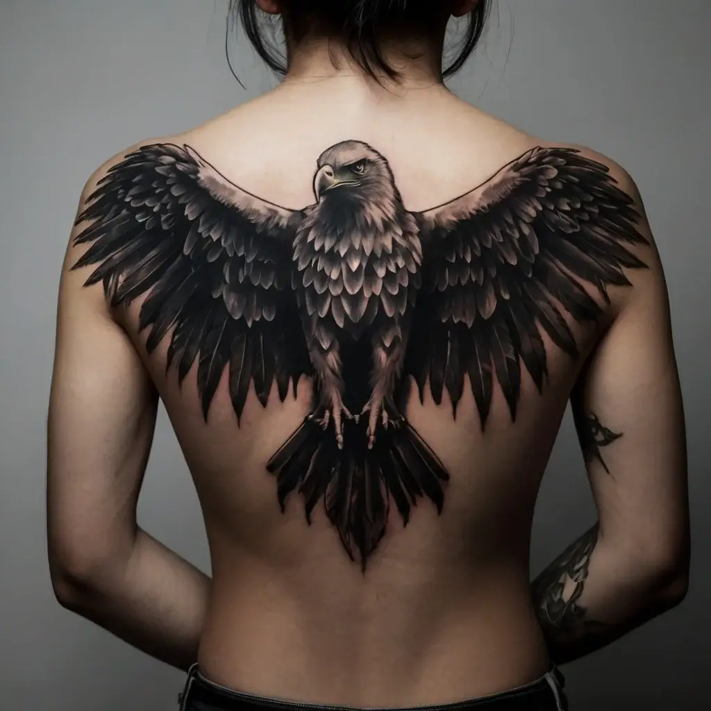 Realistic eagle tattoo on back with outstretched wings, detailed feathers, and a fierce stare, symbolizing freedom and strength.